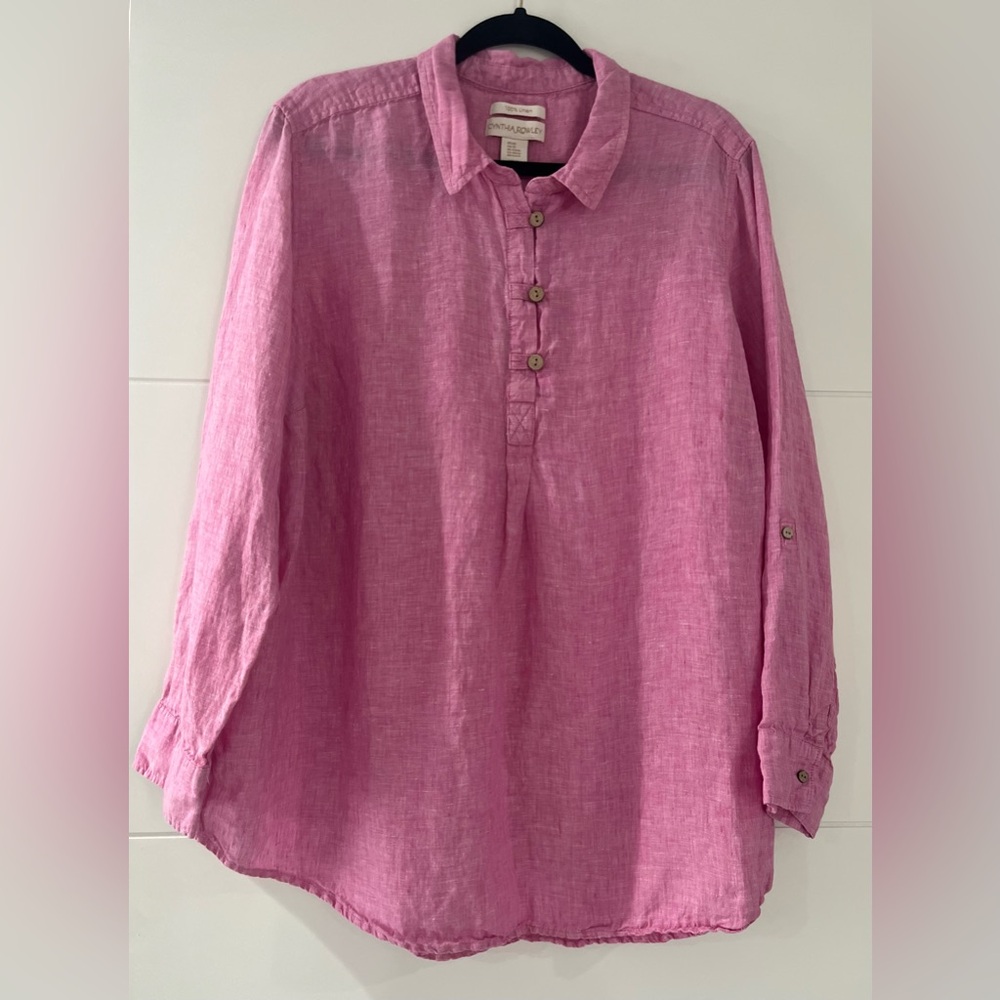 Cynthia Rowley Pink 100% Linen Shirt, Women’s 2X Long Sleeve Pink Linen Top